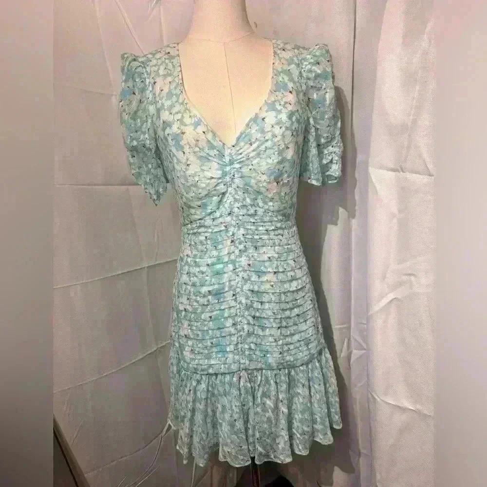Tanya Taylor Pansy Dress in Floral Blue Silk Blend Lined Designer V-Neck